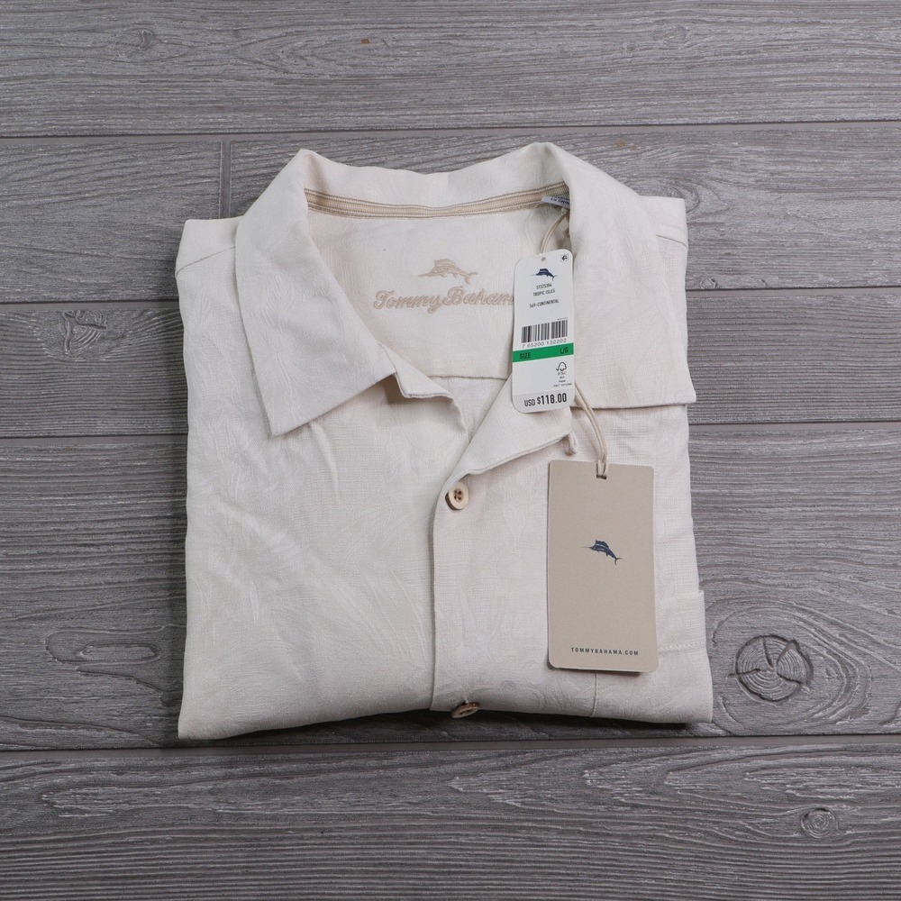 NWT Tommy Bahama Tropic Isles Silk Camp Shirt Men's L Cream Floral AOP